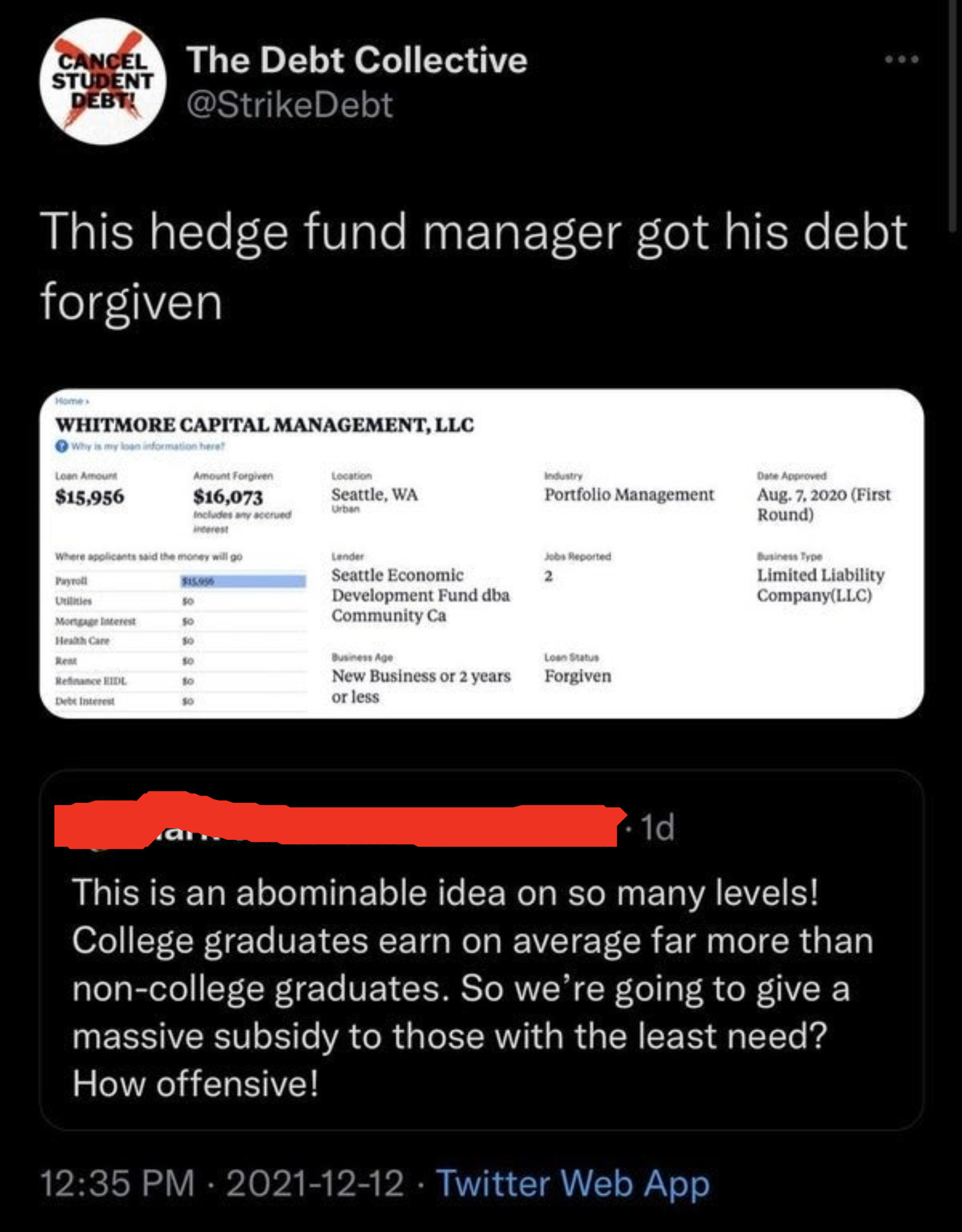 someone saying it&#x27;s offense to give loan forgiveness when people with degrees make more