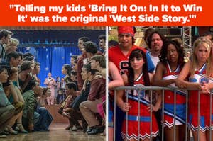 The rival gangs about to rumble in 2021's "West Side Story" with text overlay reading: "Telling my kids that 'Bring It On: In It to Win It' was the original 'West Side Story'"