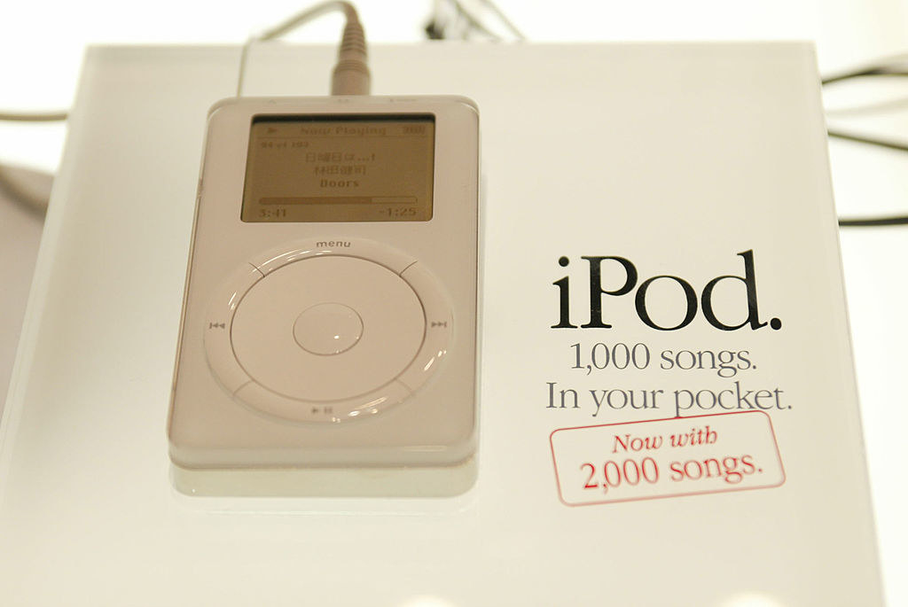 The new iPod (1,000 songs in your pocket now with 2,000 songs) on display on the opening day of the Macworld Expo trade show March 20, 2002, in Tokyo