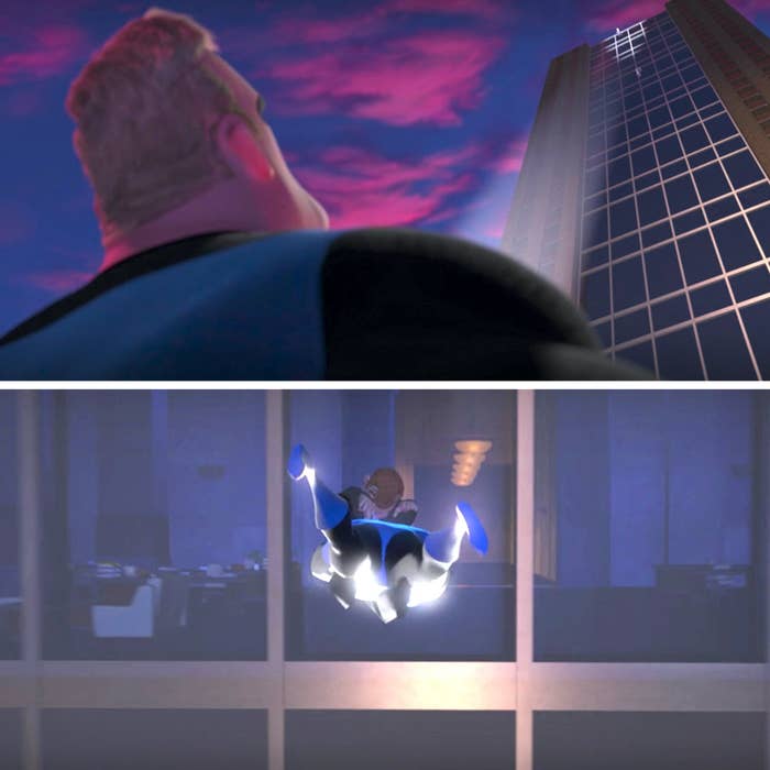Mr. Incredible jumps to save a man jumping off the top of a building