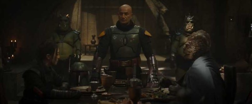 Boba Fett at a table with other villainous characters