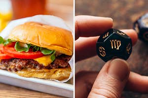 On the left, a cheeseburger, and on the right, someone holding a die with a Virgo symbol on the top