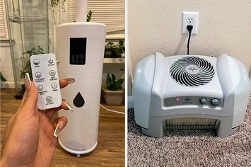 left: reviewer photo holding remote control with humidifier in background. right: reviewer photo of Vornado humidifier plugged in, on carpet