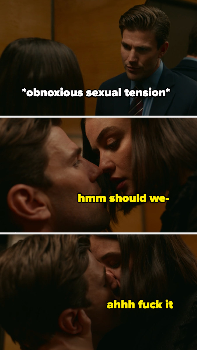 meme of them contemplating making out in elevator with the captions &quot;obnoxious sexual tension,&quot; &quot;hmm should we,&quot; and &quot;fuck it&quot;