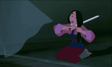 Mulan cutting her hair with a sword