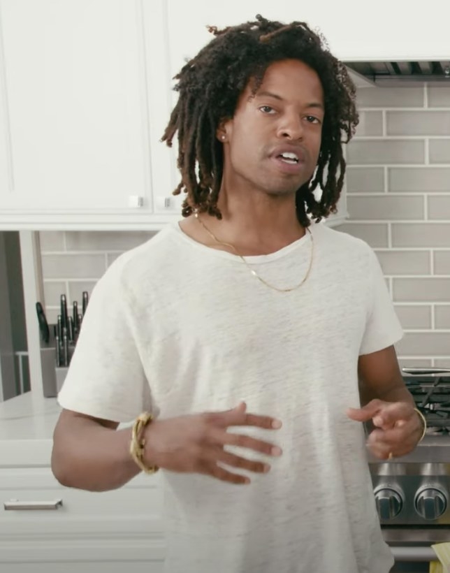 Ty Hodges discusses how to make Jamaican jerk chicken rasta pasta in a 2019 video for Christy Carlson Romano&#x27;s YouTube channel