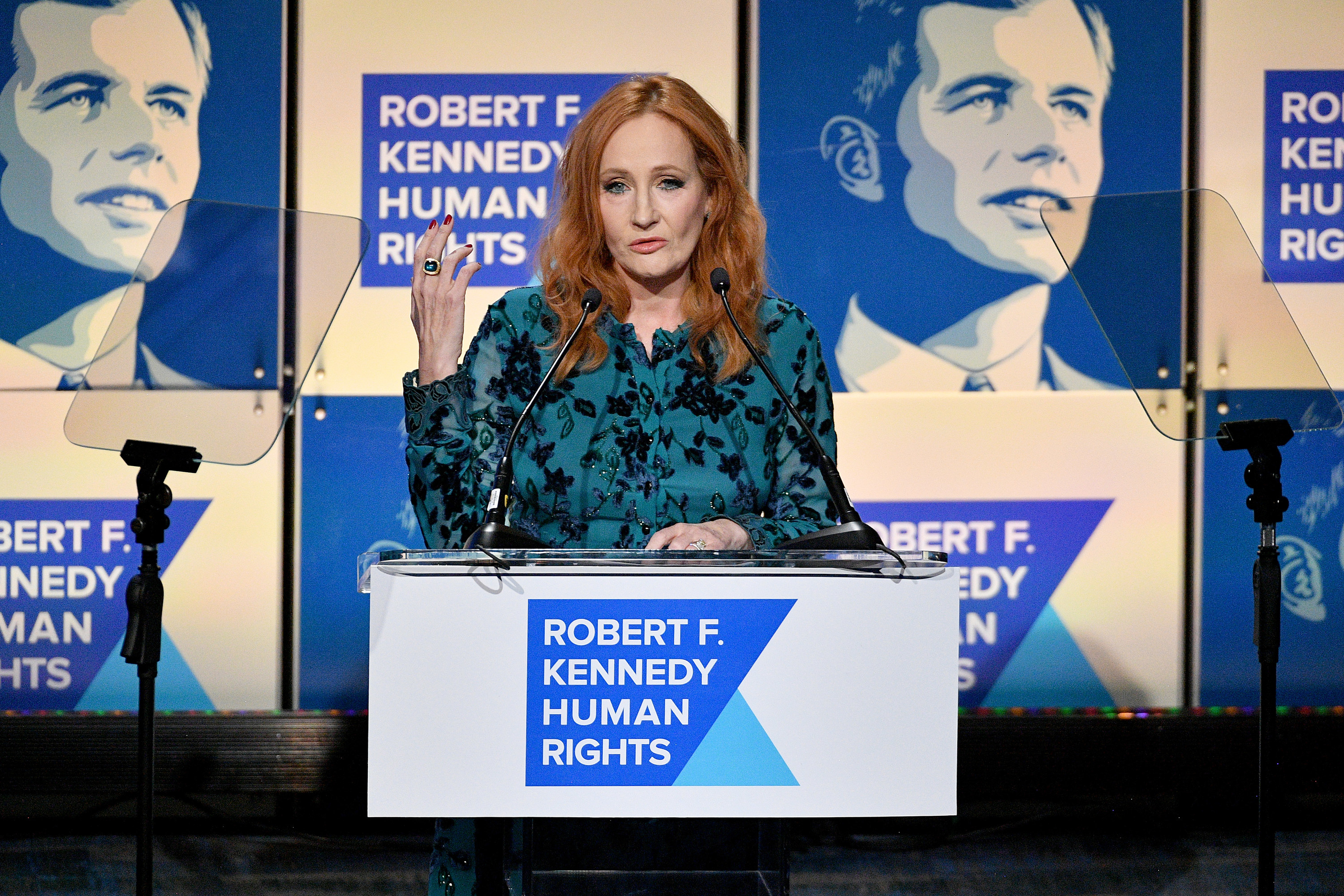J.K. Rowling at a podium at the Robert F. Kennedy Human Rights conference