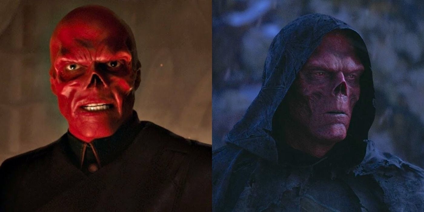 two comparisons between the red skull after his unveiling and the version in avengers infinity war