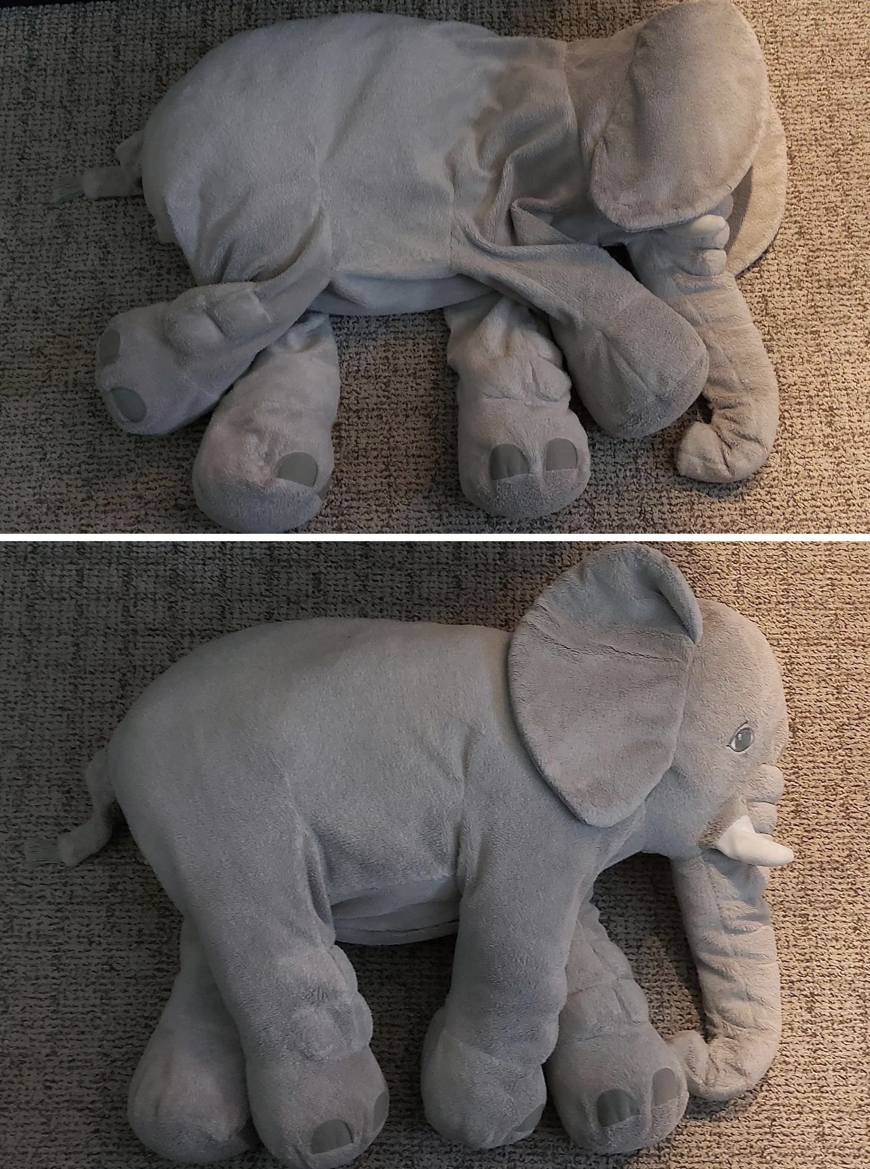 reviewer&#x27;s stuffed toy elephant before, looking droopy and floppy, and after more stuffing, looking fluffier and fuller