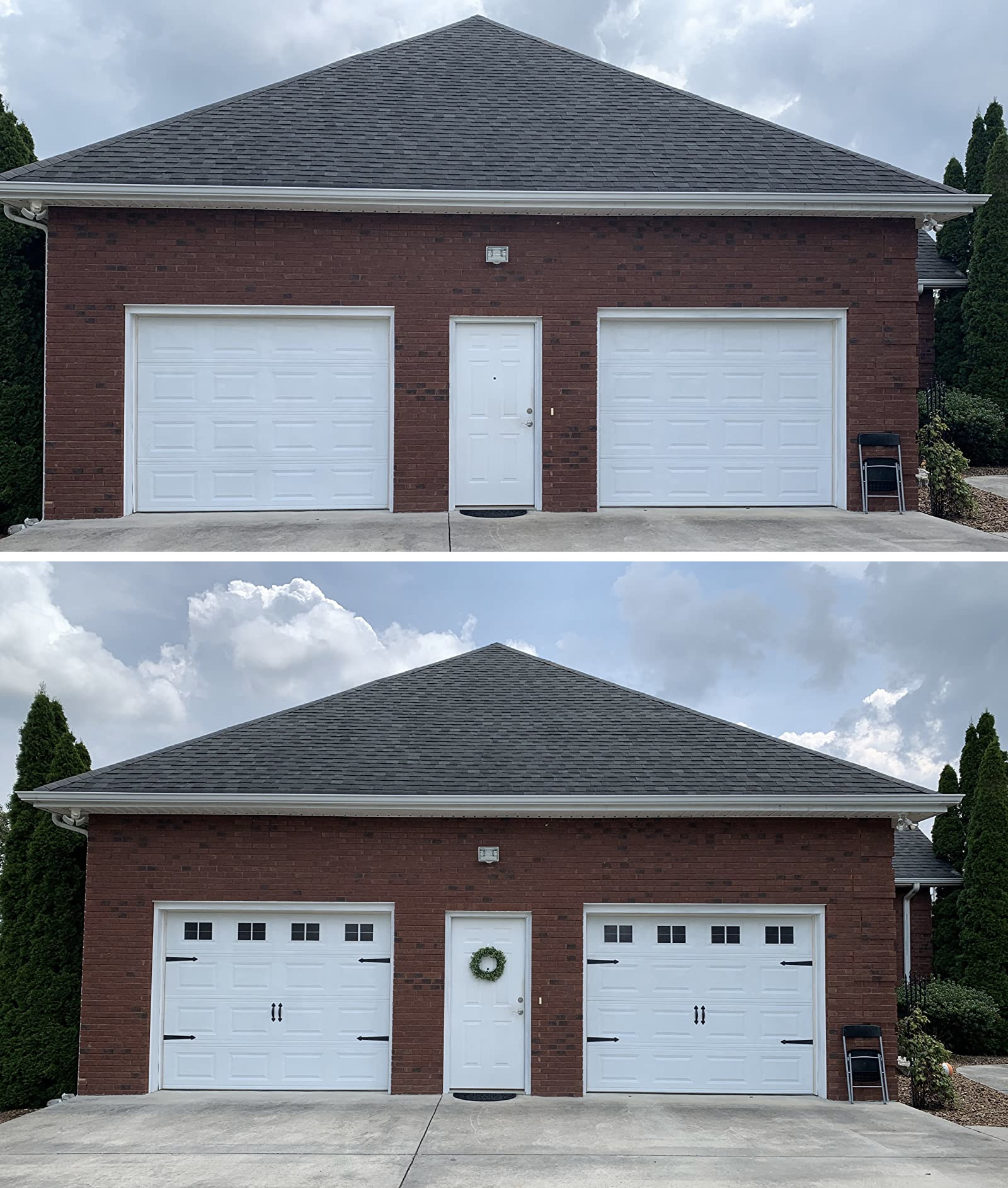 reviewer&#x27;s two garages before, just plain white, and after, with the faux hardware