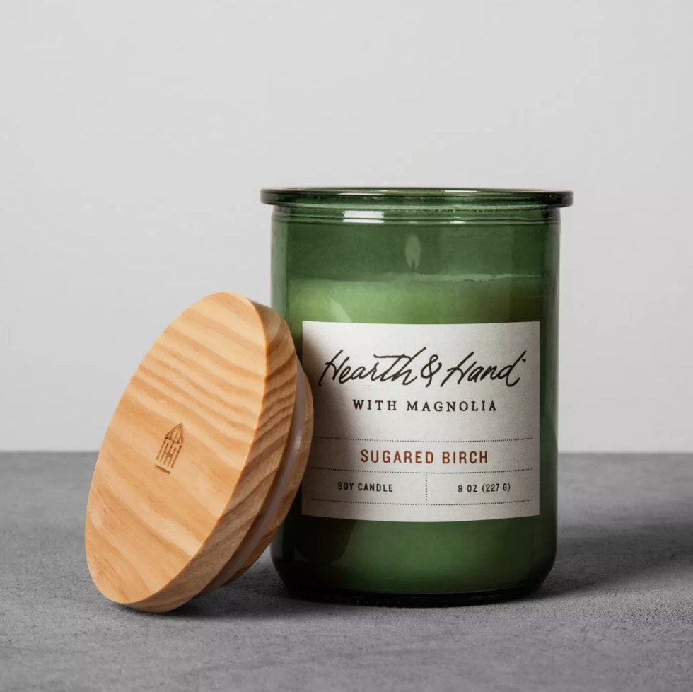 Green sugared birch candle jar with wooden lid