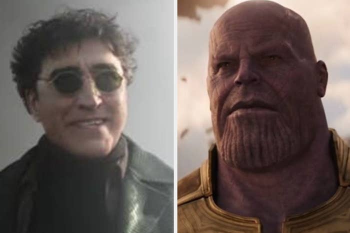 Doc Ock smiling in &quot;Spider-Man: No Way Home&quot;/Thanos, having arrived on Titan, in &quot;Avengers: Infinity War&quot;