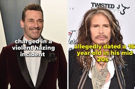 Jon Hamm at an event with text that reads "charged in a violent hazing incident" and Steven Tyler on a red carpet with text that reads "dated a 16-year-old at age 27"