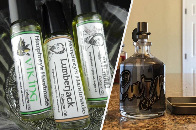 Glass dish filled with three sample bottles of cologne oil, reviewer image of bottle of Curve Crush cologne
