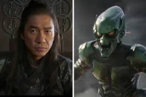 Xu Wenwu sitting on his throne in "Shang-Chi and the Legend of the Ten Rings"/Green Goblin on his glider in his suit from "Spider-Man" in "Spider-Man: No Way Home"