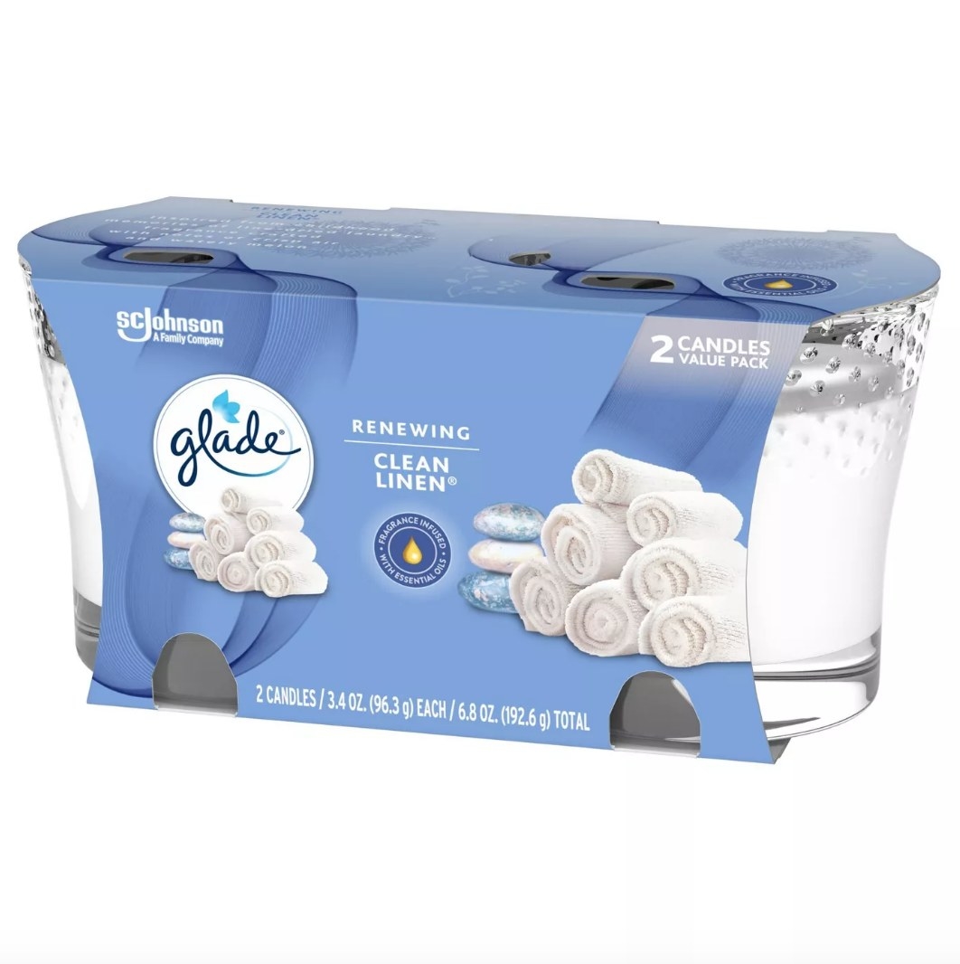 Blue package of Glade clean linen candles with linen on front