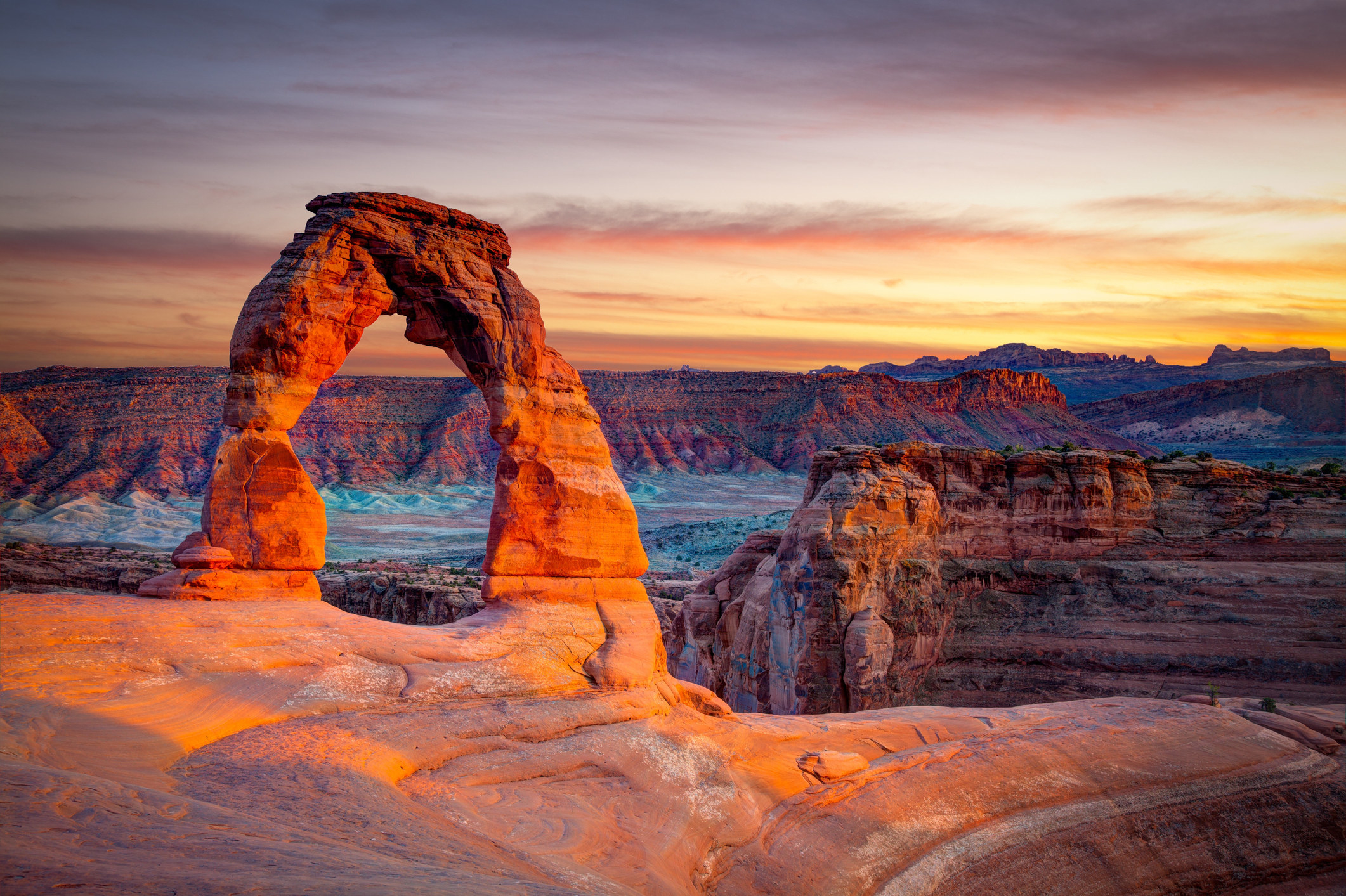 A sunset view of Arches National Park in Utah