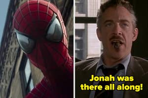 Spider-Man on a rooftop in "The Amazing Spider-Man 2"/J. Jonah Jameson in his office, smoking a cigar, in "Spider-Man"