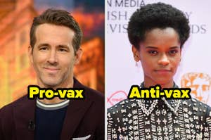 Ryan Reynolds and the word "pro-vax" and Letitia Wright and the word "anti-vax"