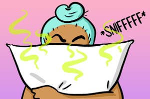 Person smelling a dirty pillow