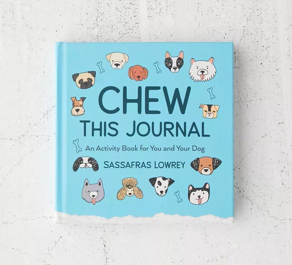 A book with drawings of different dogs and the title, &quot;Chew This Journal: An Activity Book For You and Your Dog&quot;
