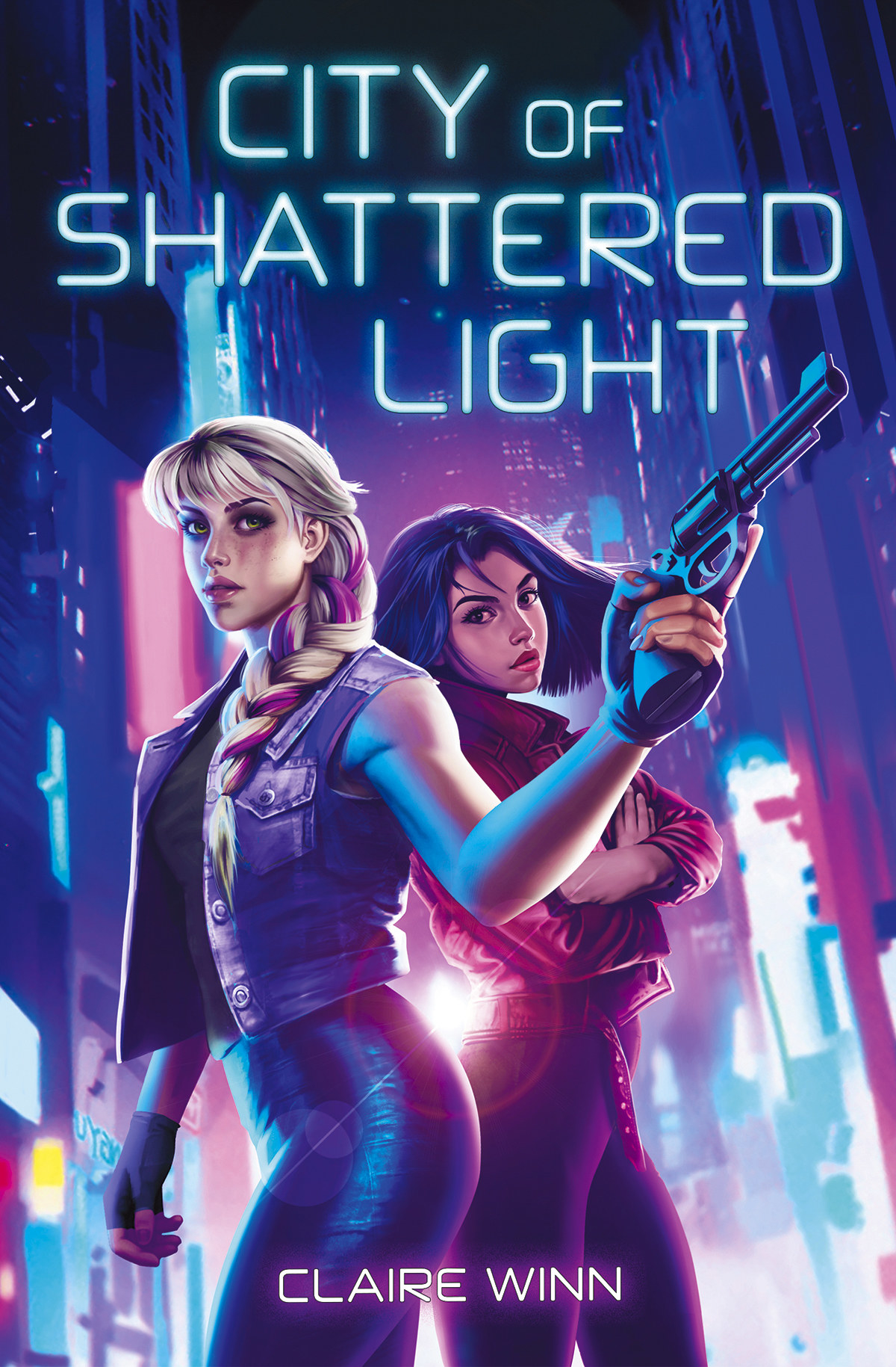 A blonde girl with a braid, fingerless gloves and sleeveless vest holds a gun in front of a girl with cropped blue hair, standing before city lights