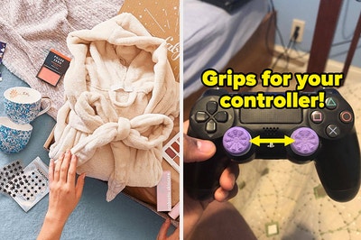L: Contents of a FitFabFun subscription box laid out R: purple thumbsticks on a Playstation controller