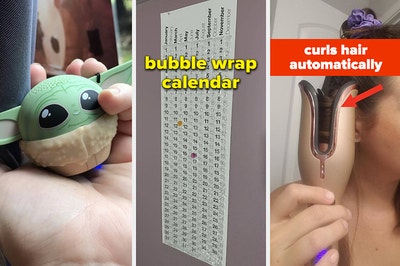 L: baby yoda bluetooth speaker M: bubble wrap calendar R: automatic curling iron