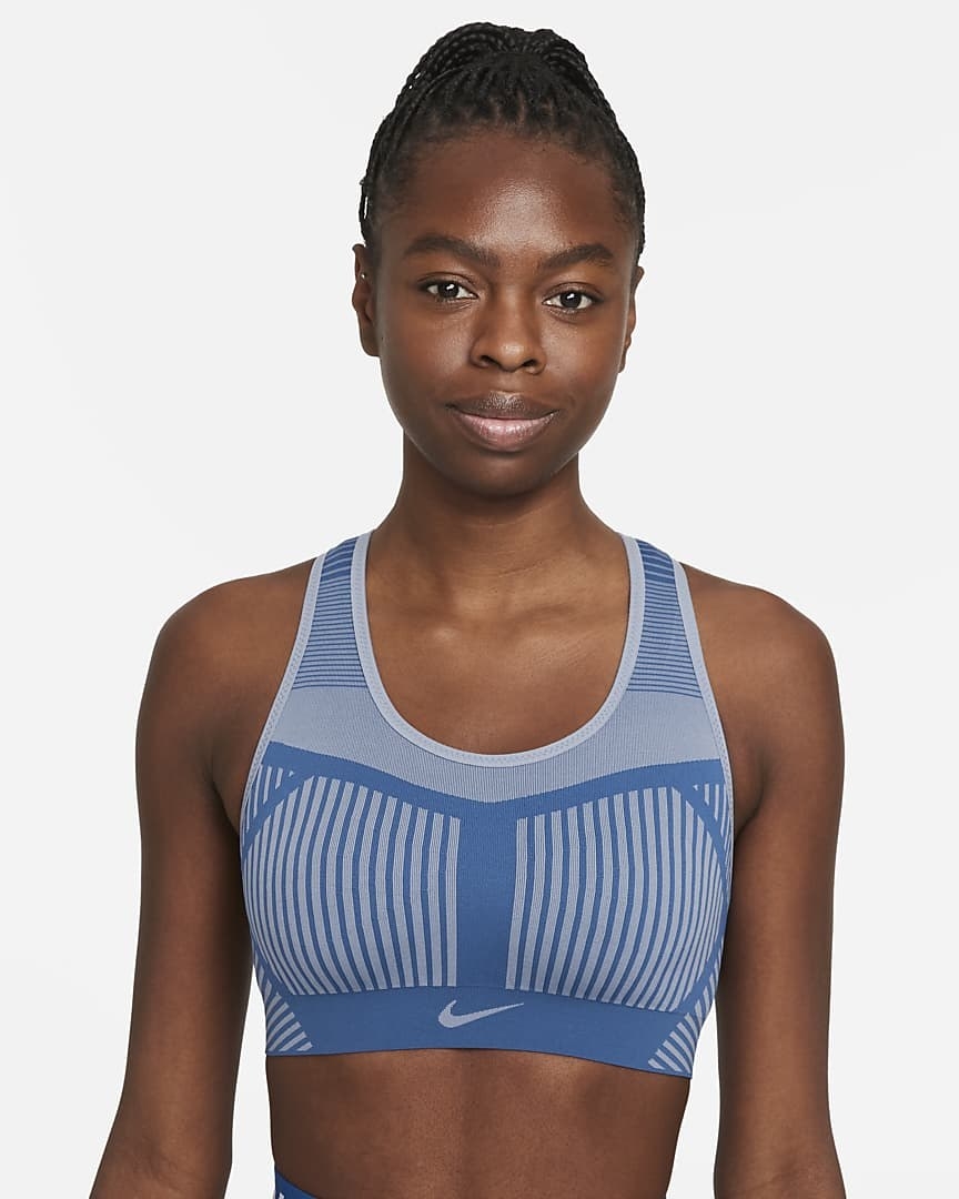 Model wearing the blue sports bra