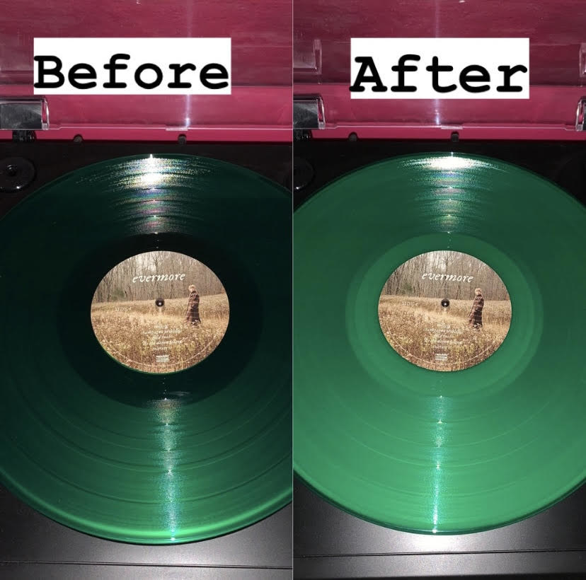 A before and after showing a coloured vinyl on a turntable brighter with a white slip mat underneath