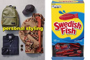 flat lay of clothing with "personal styling" text overlay, a container of individually wrapped Swedish Fish candies