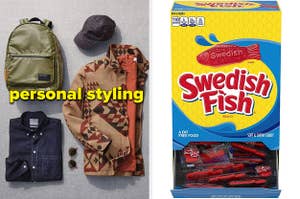 flat lay of clothing with "personal styling" text overlay, a container of individually wrapped Swedish Fish candies