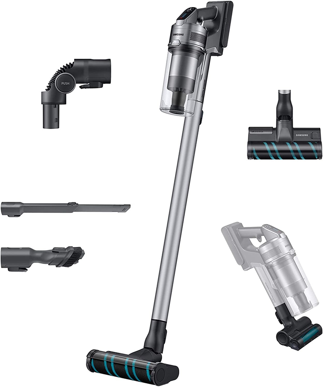 the stick vacuum with various accessories