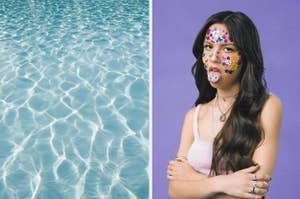 A pool of water is on the left with Olivia Rodrigo on an album cover on the right