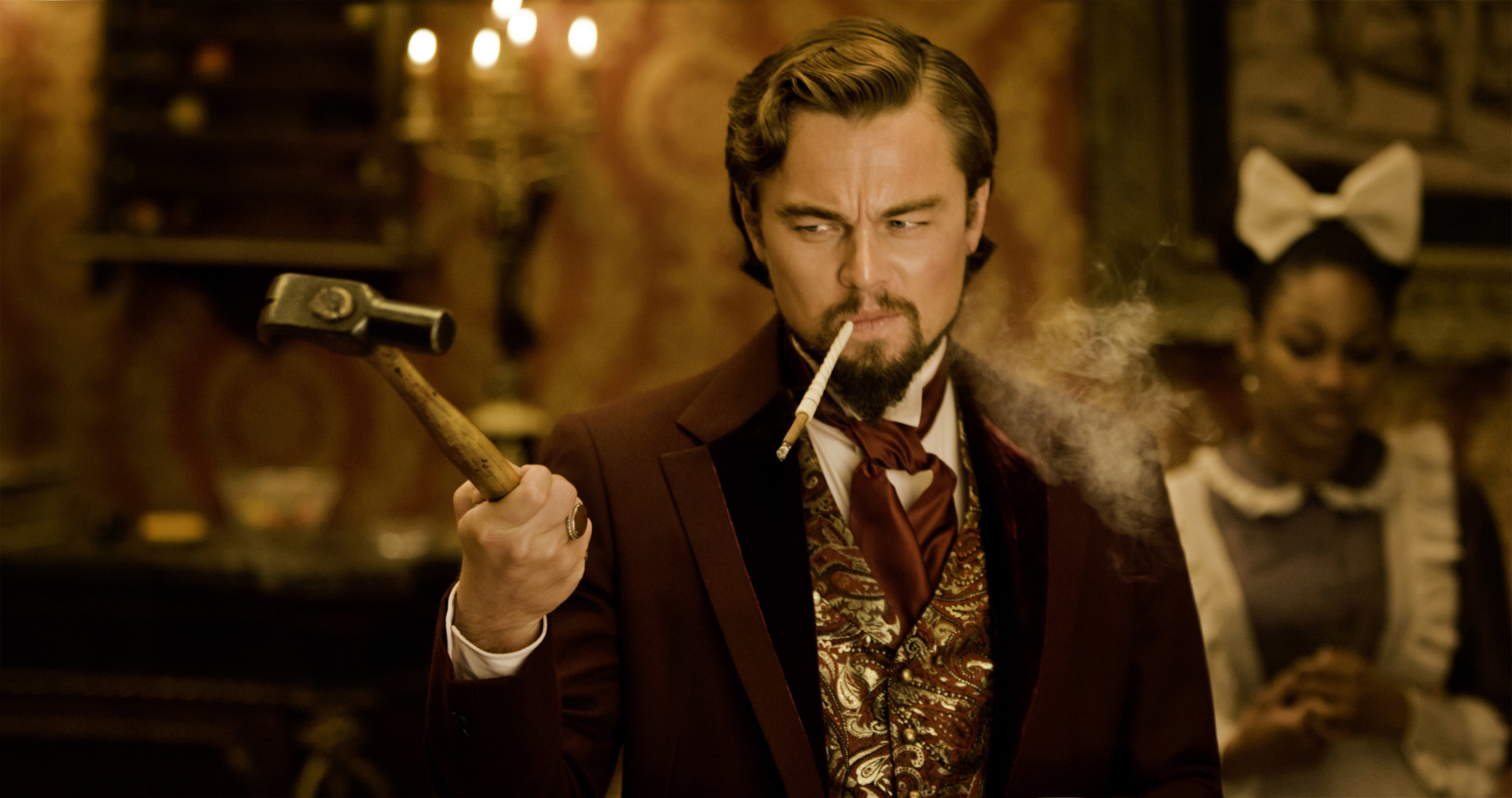 Leonardo DiCaprio smokes a cigarette and waves around a hammer