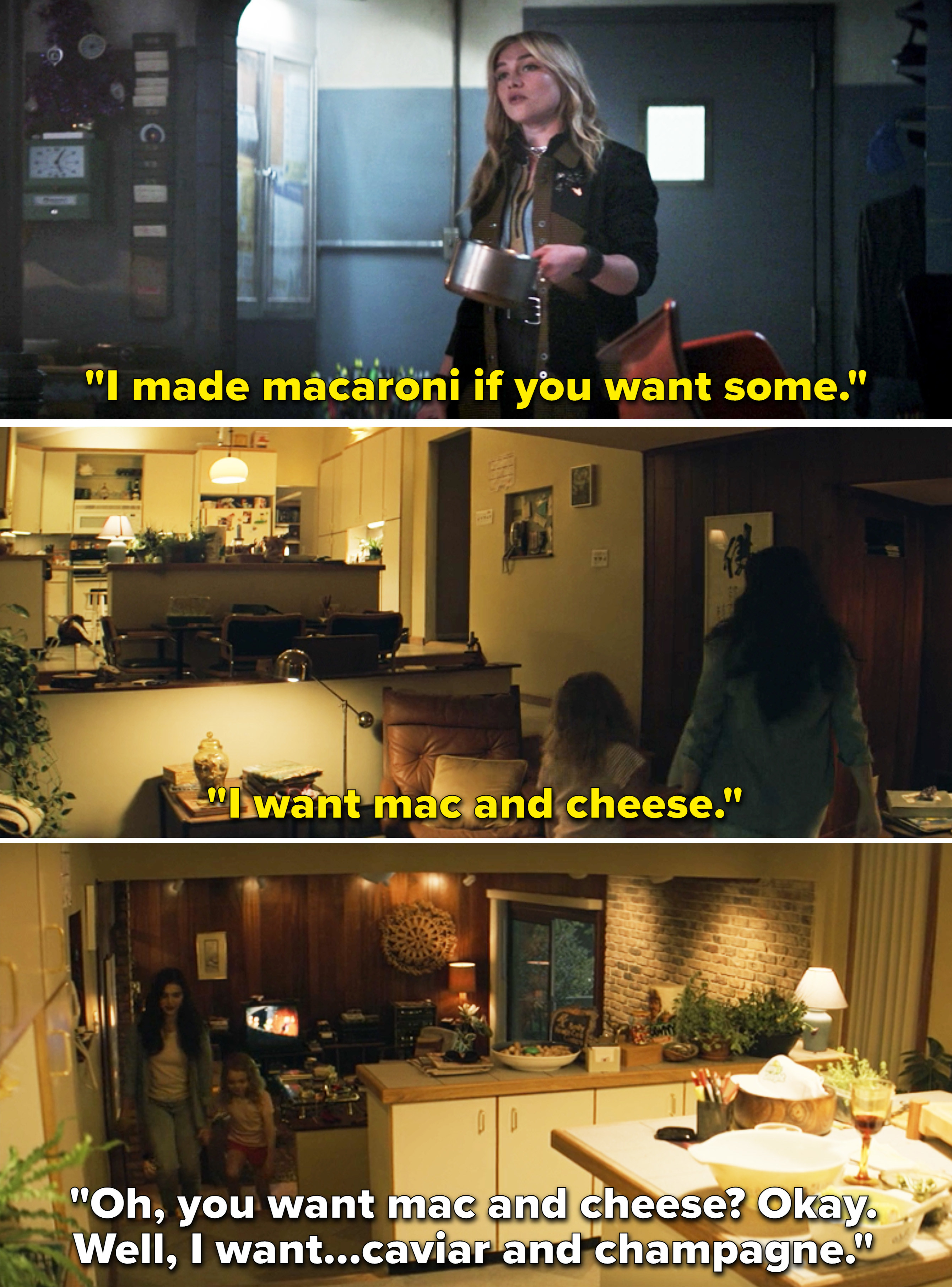 Yelena making macaroni vs young Yelena asking for it