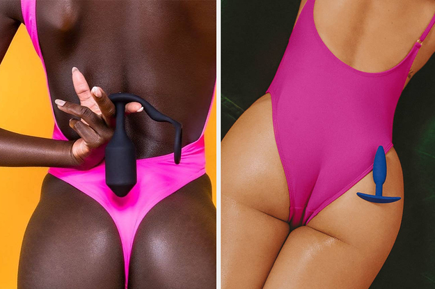 Model holding black cock ring and anal plug and model posing with blue butt plug