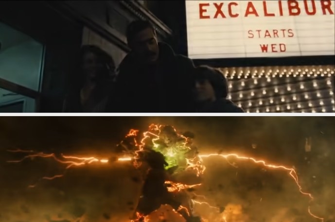 (Top) A young Bruce Wayne walking with his parents out of a movie theater in &quot;Batman v Superman: Dawn of Justice&quot;/(Bottom) Superman and Doomsday, having stabbed each other in &quot;Batman v Superman: Dawn of Justice&quot;