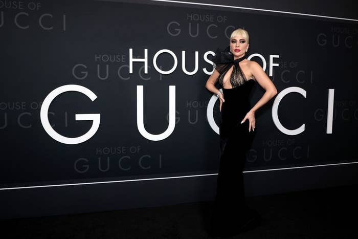 Lady Gaga in a halter dress at the House of Gucci premiere
