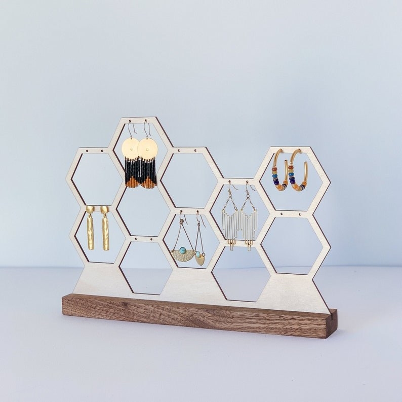 Honeycomb-shaped wood and metal earring holder