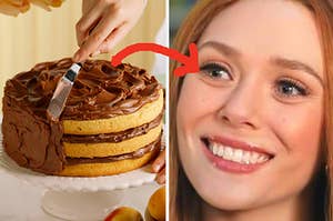 A hand uses a knife to spread frosting on a three layer cake and a close up of Wanda Maximoff as she smiles