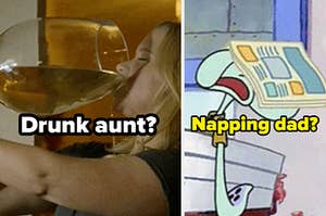 Amy Schumer drinks an oversized glass of wine and Squidward Tentacles is fast asleep with a magazine on his face
