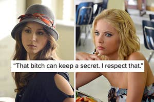 Spencer Hastings wears a lightly colored hat and Hanna Marin wears a colorful strapless top