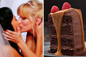 brittany and santana's wedding on the left and a slice of chocolate cake on the right