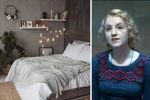 A bed sits under shelves filled with knick knacks and a close up of a Luna Lovegood as she smiles