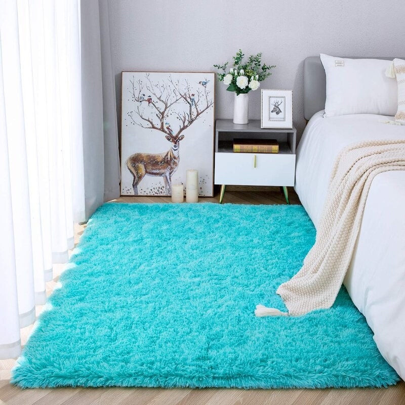 The teal blue area rug in a bedroom