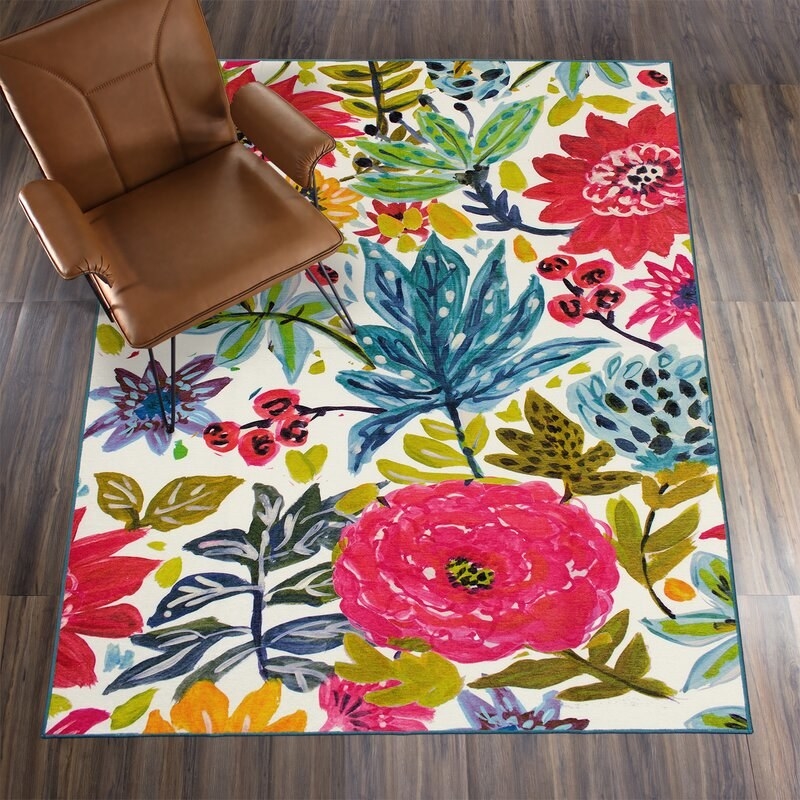 The floral rug in a living room