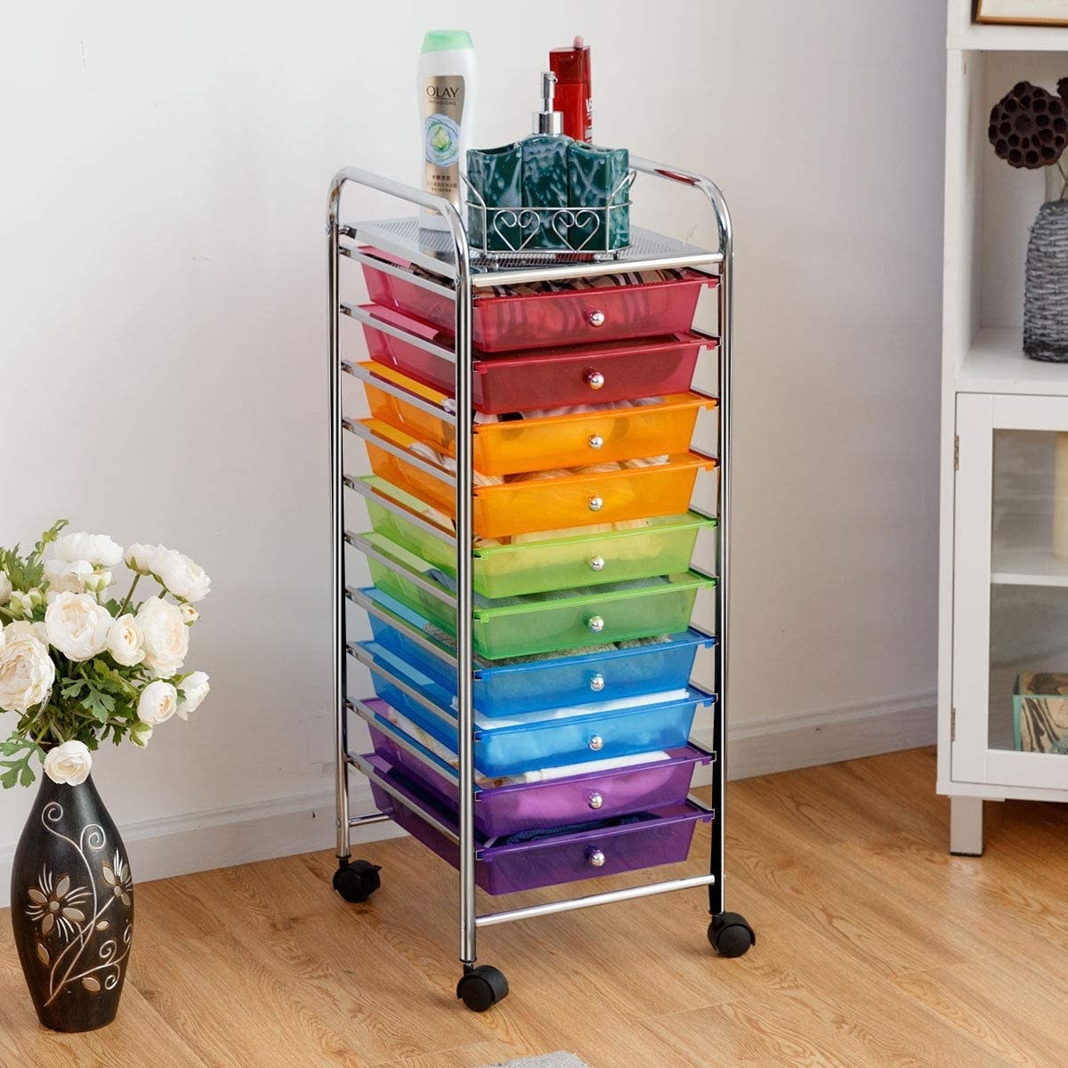 rolling cart with rainbow drawers