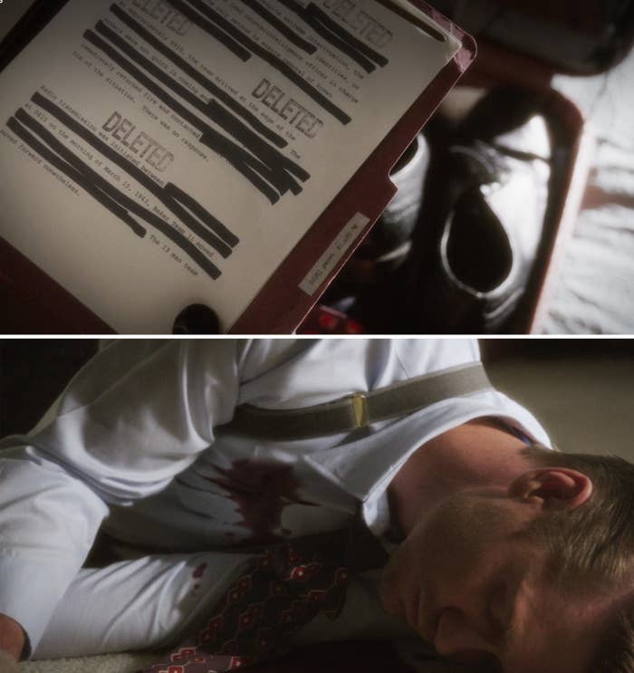 A blacked out file and Thompson lying on the ground bleeding