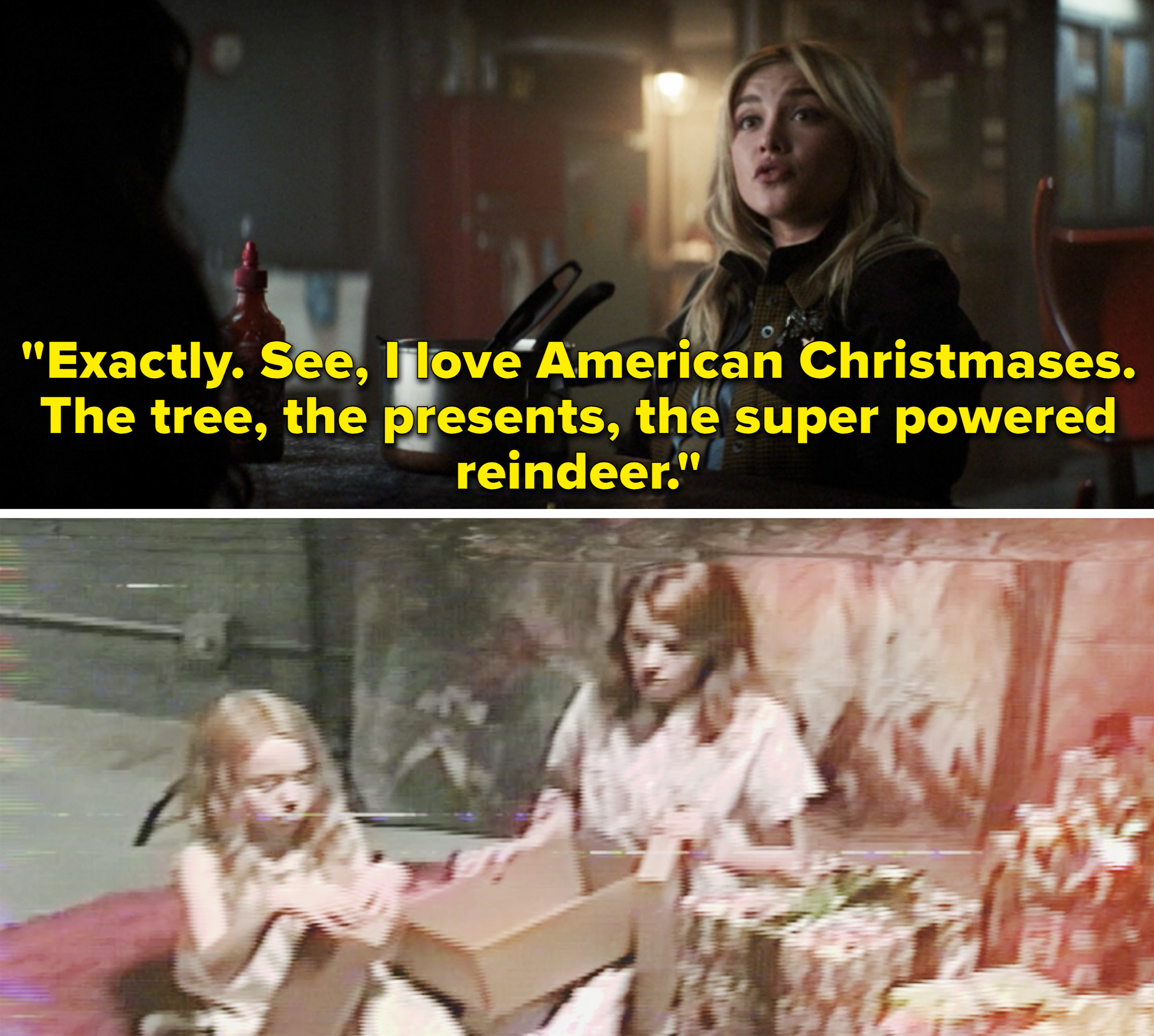 Yelena saying she loves Christmas vs. Yelena and Natasha opening presents